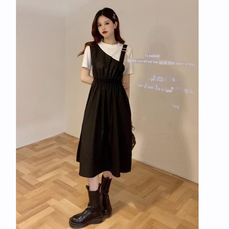 [YUNXI Series] ★One Piece★ 2color Short Sleeve Dress Switching Fake Layered Large Size Brown Black