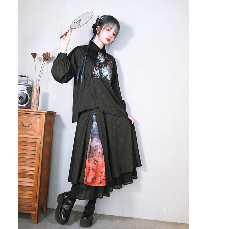 [Ancient monster house ---biting pattern series] ★China style shirt★ Switching print switching Black Black Harajuku style