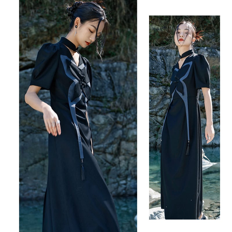 [Big Blue Dragon Series] ★China style dress★ Original butterfly unique design black black long length