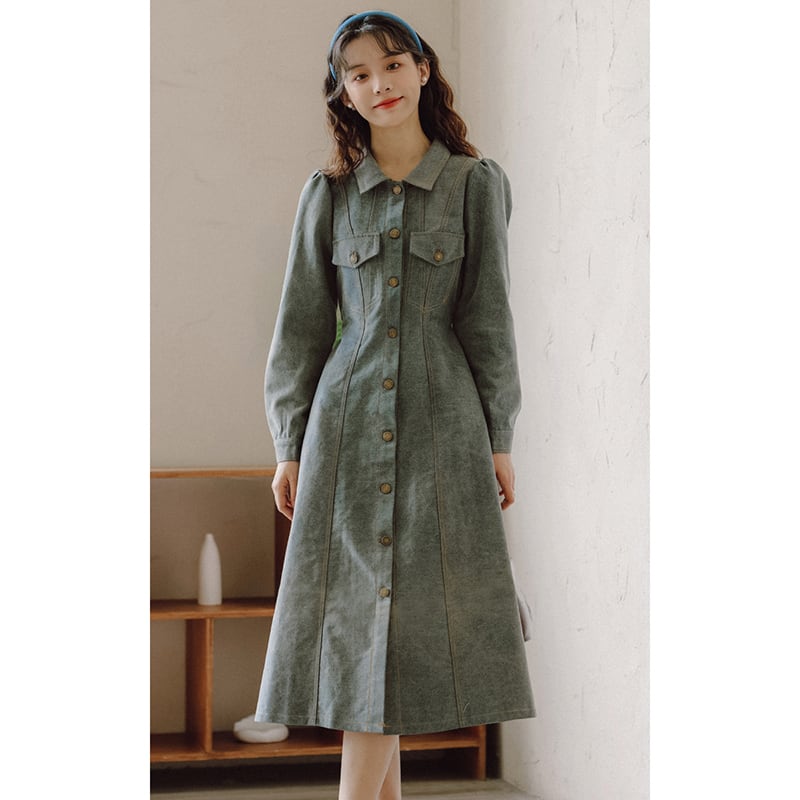 [YUJIAN Series] ★Dress★ Denim dress Retro Easy to match Date Improves temperament Commuting Blue Blue