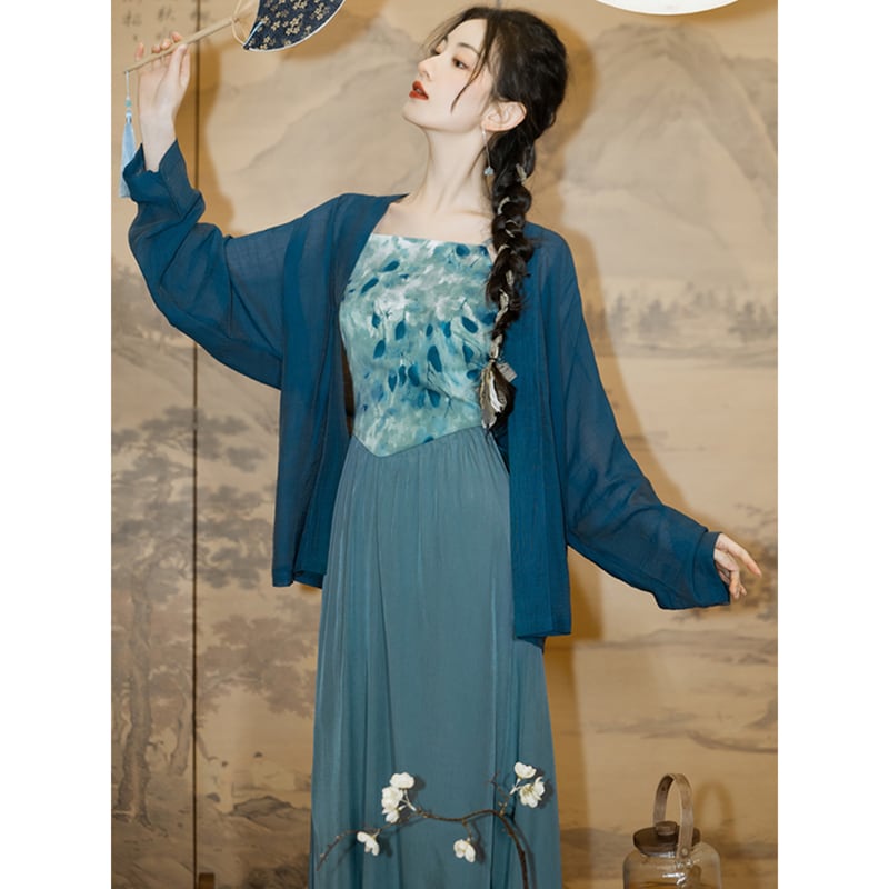 [YIYUN Series] ★Chinese style setup★ 2-piece set Happi coat + hanging dress Chinese clothes Blue Blue