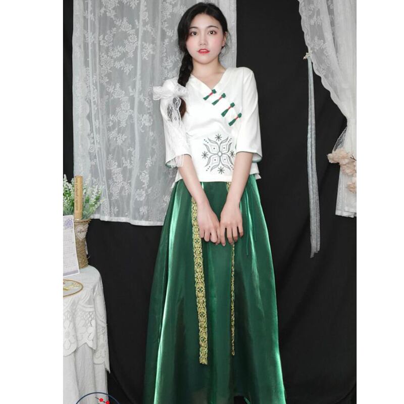 [Chinese Prince Series] ★Chinese style setup★ Tops + Skirt Cute 2-piece set Green Green Retro