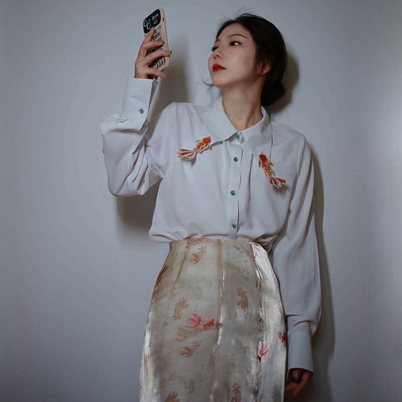 [Big Fish Series]★China Style Shirt★ Tops Goldfish Women's Long Sleeve Shirt Embroidery Large Size White White