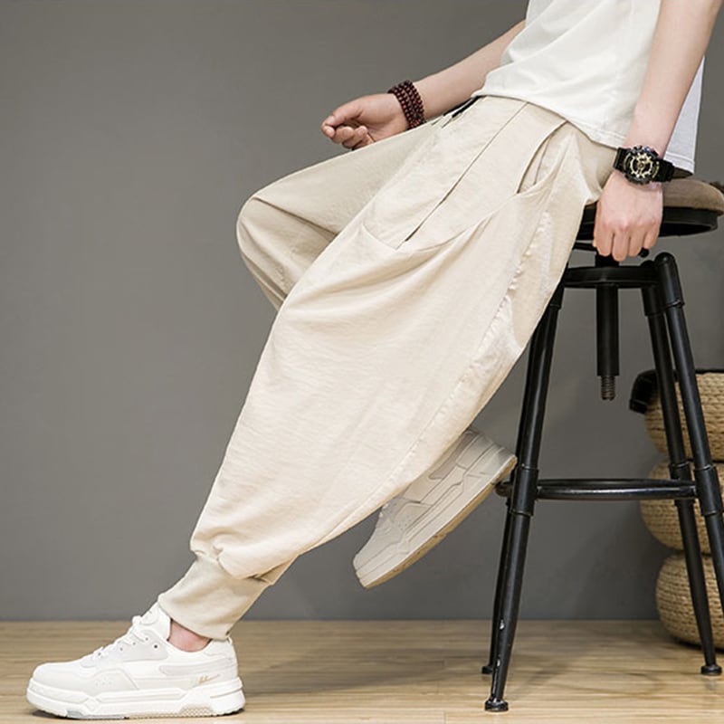 [Small Trouble Series]★China Style Pants★ 4color Unisex Men's Large Size Casual Pants Black Gray Beige Green