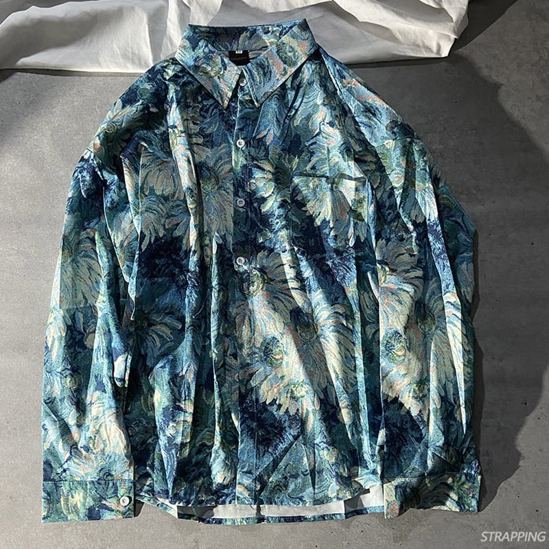 [STRAPPING Series]★Shirt★ 2color oil painting style tops unisex floral pattern blue brown ML XL 2XL