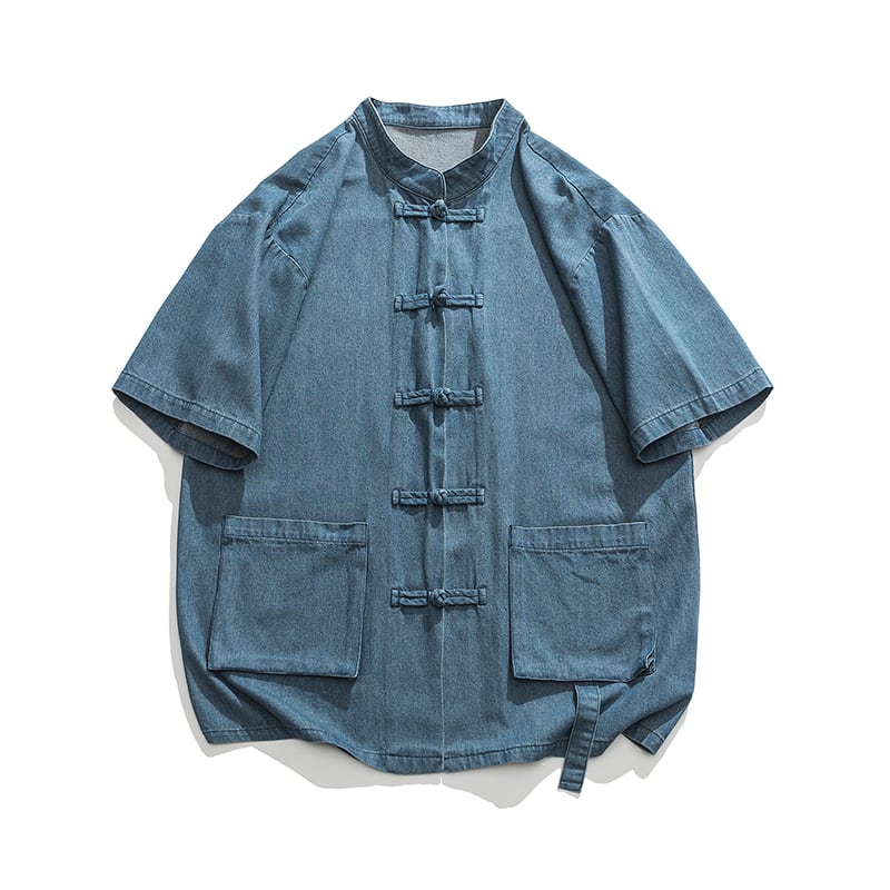 [YISHUO Series]★Chinese style shirt★ 2color Unisex Men's Large Size Denim Shirt Chinese Clothes Blue