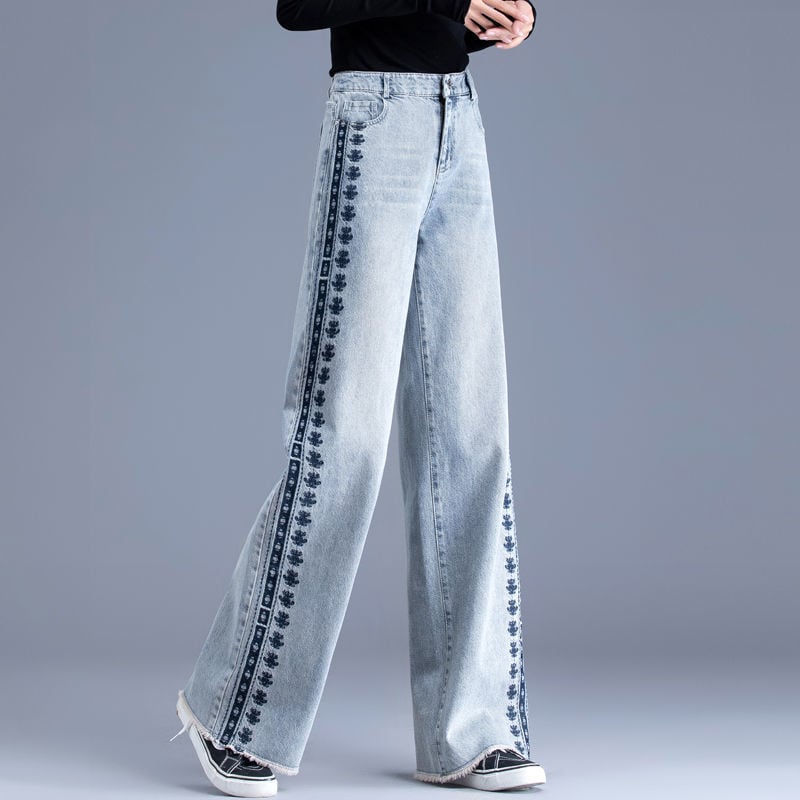 [REHUOJIALI Series] ★Denim Pants★ Embroidery Bottoms Trousers Women's Blue Blue Large Size