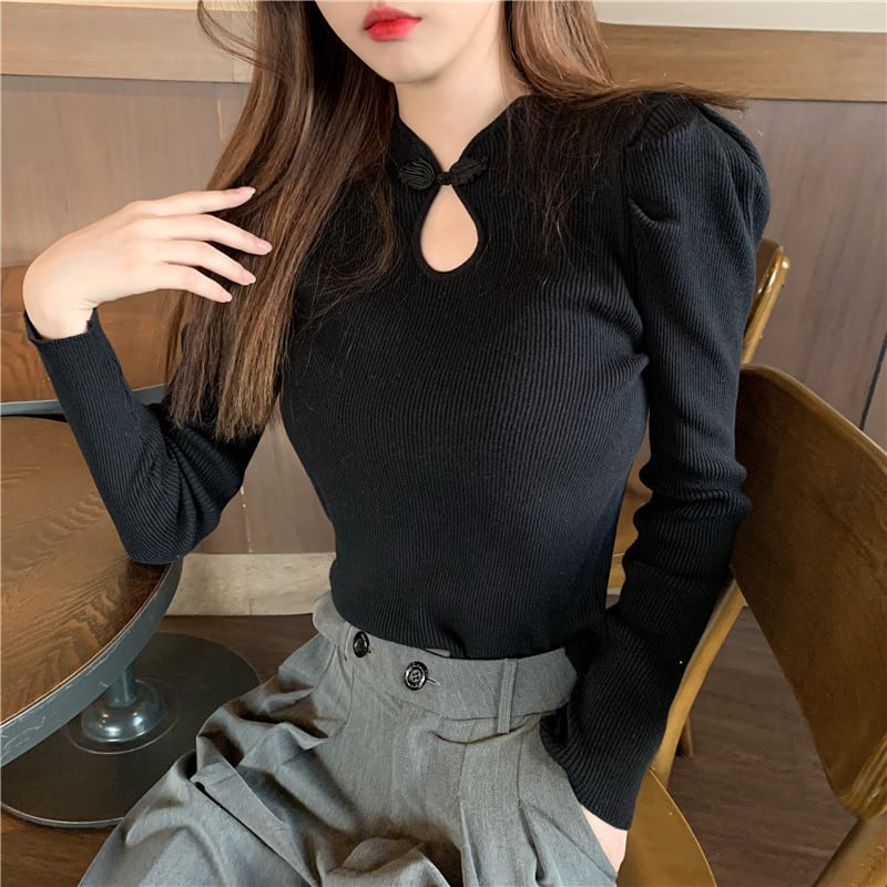 [Koshinke Series]★China style tops★Sexy knit tops 3color slimming bubble sleeve plain color easy to match