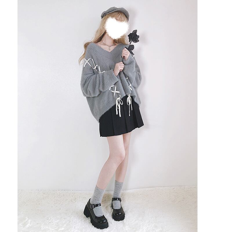 [Nekogan Series]★Sweater★ 2color Black or Gray Tops V-neck Fluffy Loose Black Date Cute