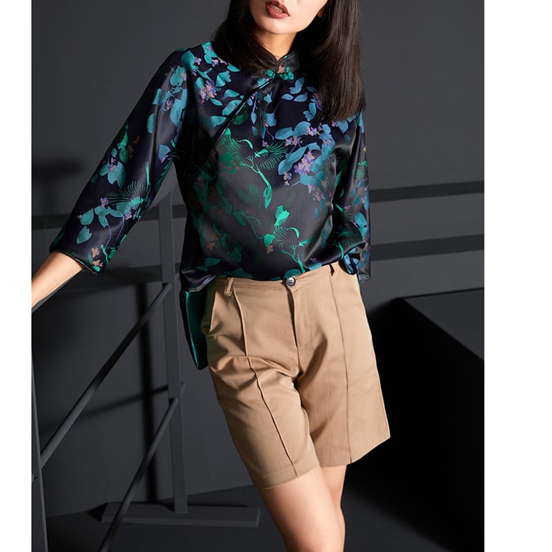 [Furo FRONT Series] ★Chinese style tops★ Shirt Original Floral pattern tops Improves temperament Blue Blue SML