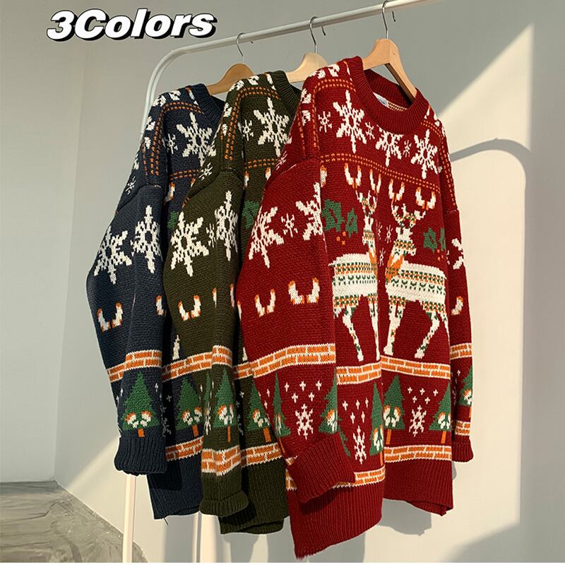 [PPG Series]★Sweater★ 3color Christmas New Year Red Green Blue Deer Pattern Autumn/Winter Wear Men's Couple Clothes Unisex