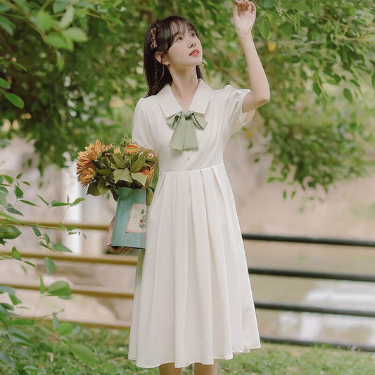 [Han Xuanwei Series] ★One Piece★ 2color Simple Cute Date Ribbon Beige Easy to Match Short Sleeve Dress