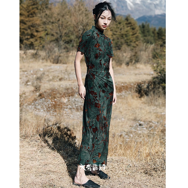 [Da Qinglong Shu Series]★China style dress★ Improved Chinese dress Sexy Velvet Long Length Original Photography Green Green Summer