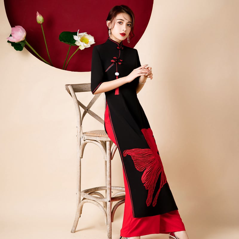 [Senbaushi Series] ★Cheongsam dress★ Chinese style piece + pants goldfish black red large size long length