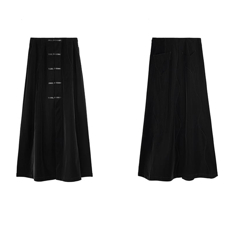 [Big Blue Dragon Series] ★China style skirt★ Bottoms Chinese button slit slimming black black