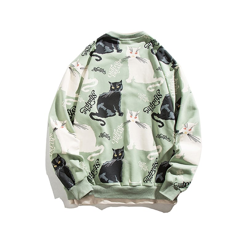 [Satoru Series]★Tops★ 2color Blue or Green Faux Layered Cat Pattern Cat Unisex Couple Clothes Loose