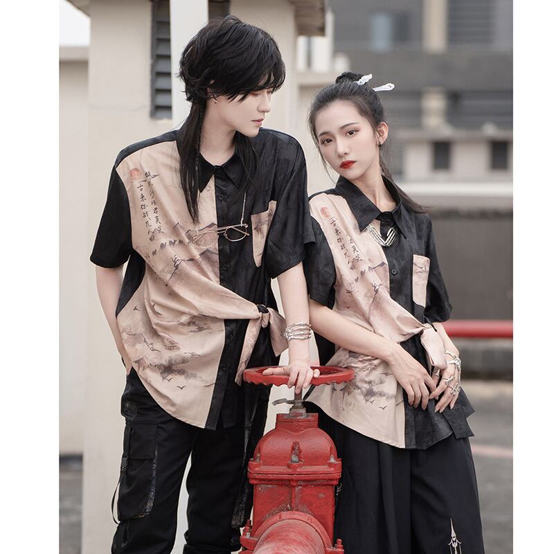 [Kyodo Series]★China style shirt★ Tops, letter pattern, unisex, men's short sleeve shirt, cool, unique, original