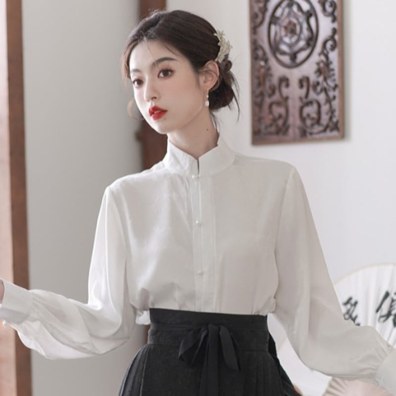 [Az Suna series] ★China style shirt★ Tops Stand neck Improves temperament White White Easy to match