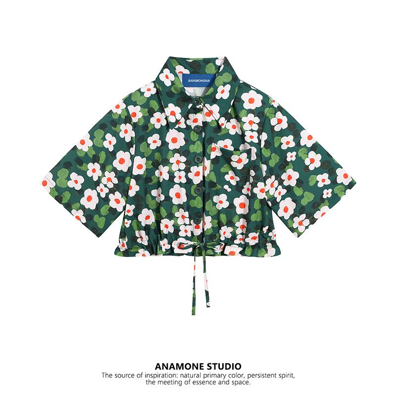 【ANAMONE STUDIOシリーズ】★花柄シャツ★ トップス 半袖 プリント レトロ S M L ショート丈 夏服 涼しい