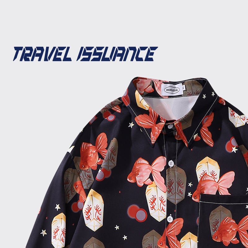 [TRAVEL ISSUANCE Series]★Shirt★ Long sleeve shirt tops unisex men's goldfish black red casual