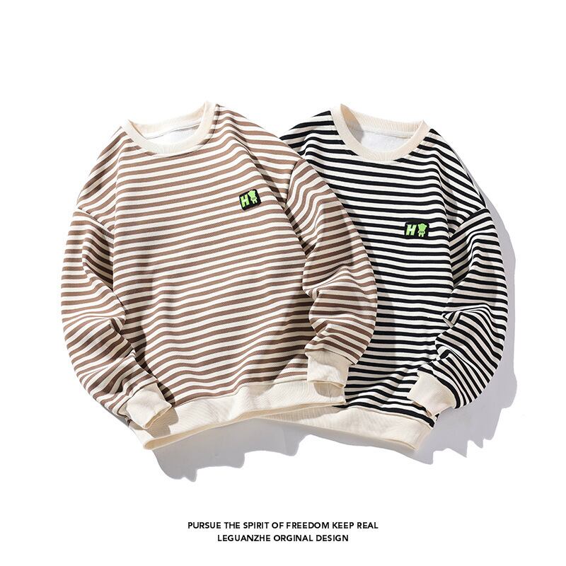 [BIGEMAN Series] ★Tops★ 2color Horizontal striped pattern long sleeve tops Unisex Men's Large size Black Coffee color