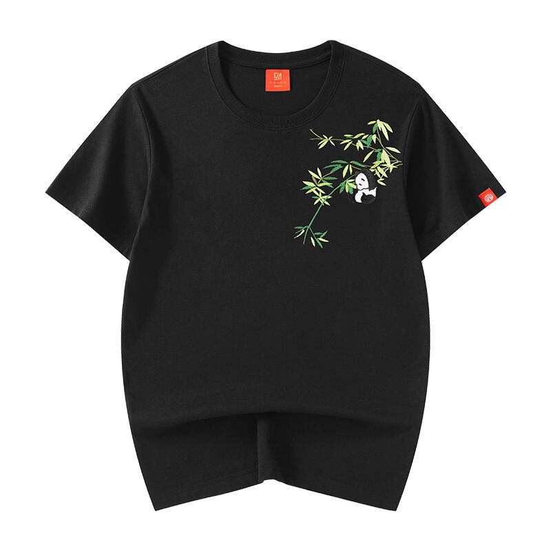 [JPYZ Series]★China style T-shirt★ Tops Unisex Men's Panda Embroidery Black Easy to match