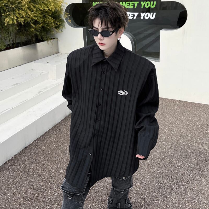 [Illustrated Series]★Shirt★ Tops 2color Unisex Men's Vertical Stripes Loose Black White Fashion Spring Clothes