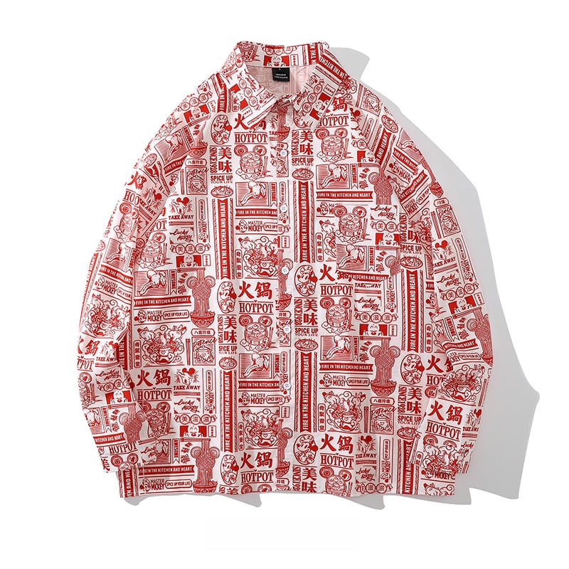 [BEAT BOY Series] ★Retro Shirt★ 2color Print Long Sleeve Shirt Tops Unisex Men's Text Pattern Red Black