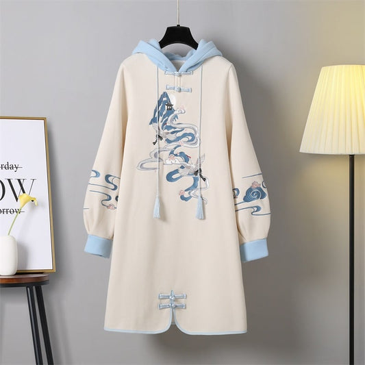 [Silk Series] ★Chinese style hoodie★ Fleece lining 2color hoodie dress Chinese clothing embroidery large size