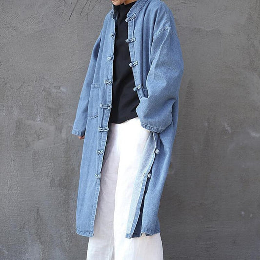 Chinese style coat outerwear long length denim Chinese clothing Chinese style clothing blue blue free size