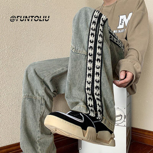 [High Series]★Casual Pants★ 2color Trousers Bottoms Denim Pants Vertical Stripes Plaid Pattern Blue Black