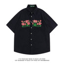 [FANMAN Series]★Shirt★ 2color Tops Short Sleeve Shirt Unisex Men's Embroidery Rose Brown Navy