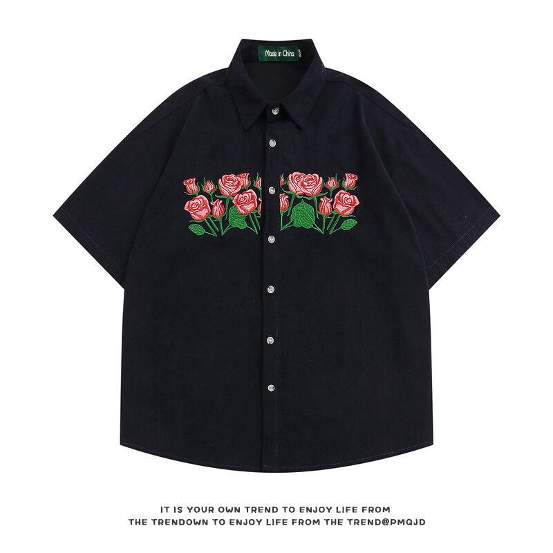 [FANMAN Series]★Shirt★ 2color Tops Short Sleeve Shirt Unisex Men's Embroidery Rose Brown Navy