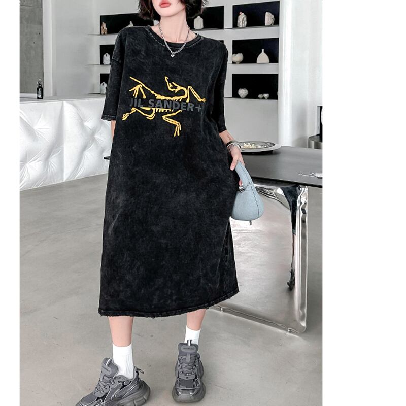 [YIDAO Series] ★T-shirt dress★ Print retro loose casual summer clothes black black