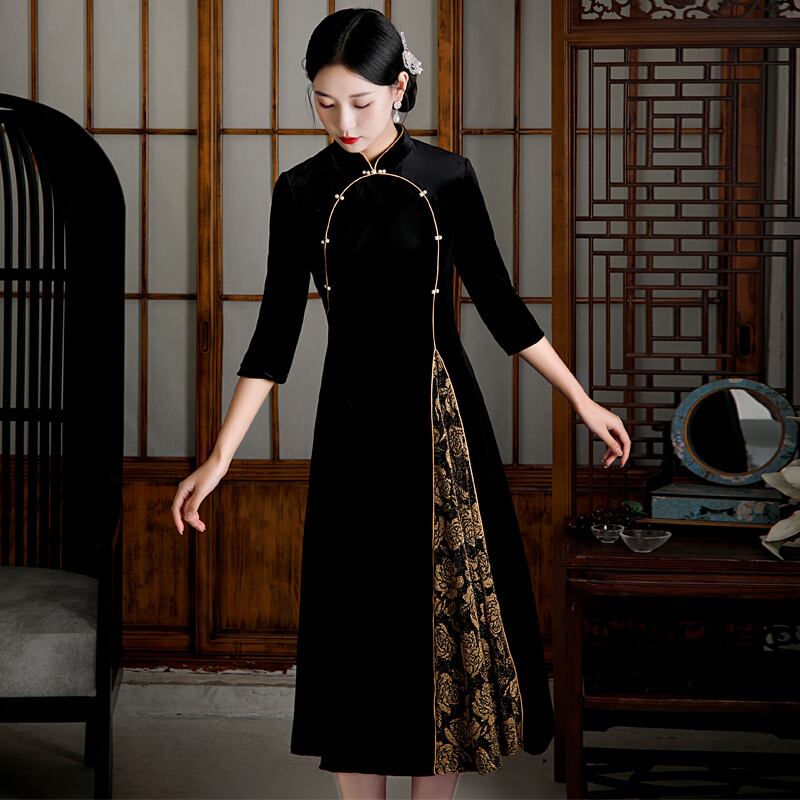 [ZHEZI Series]★China Dress★ 2color Velvet Dress Large Size Long Length Black Red