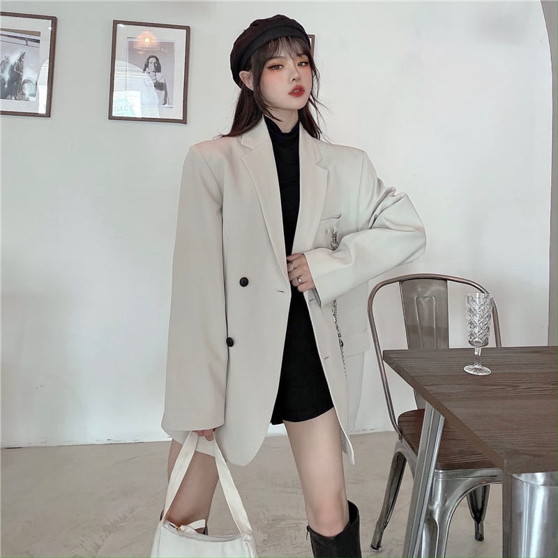 [Miyakoya Series]★Blazer with chain★ 2color black or beige outerwear unisex costume retro simple