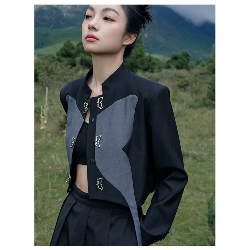 [Big Blue Dragon Series] ★China style outerwear★ Mini length Butterfly design Original black gray color scheme