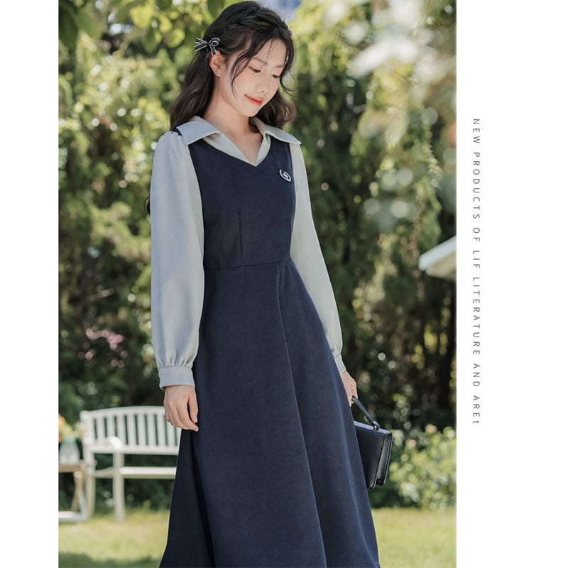 [DANSAIZI Series] ★One Piece★ Faux Layered POLO Neck Switching Ladies Blue Black