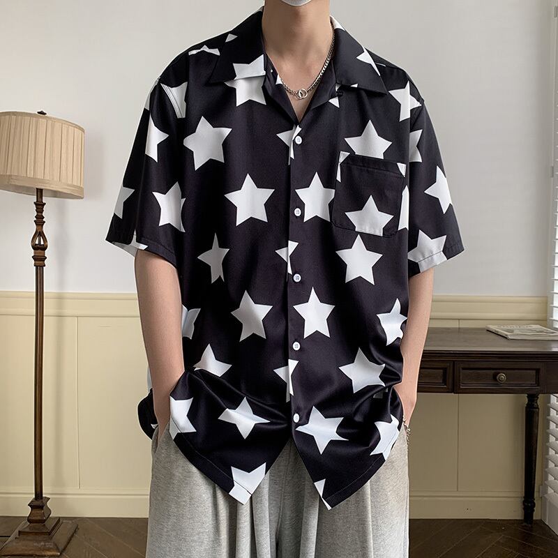 [Illustrated Series]★Shirt★ 2color Tops Star Print Fashion Unisex Men's Summer Clothes Cute Short Sleeve