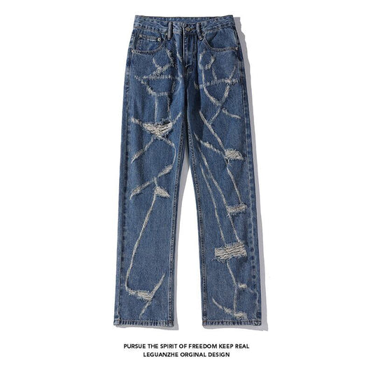 [BIGEMAN Series]★Denim Pants★ Unique Bottoms Trousers Men's Large Size Distressed Blue Blue