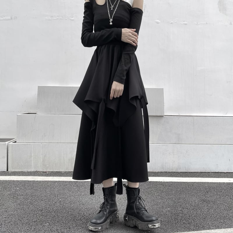 [Miyakoya Series]★Skirt★ Bottoms Irregular Asymmetrical Unique Harajuku style Easy to match Slimming Elastic waist Black Black