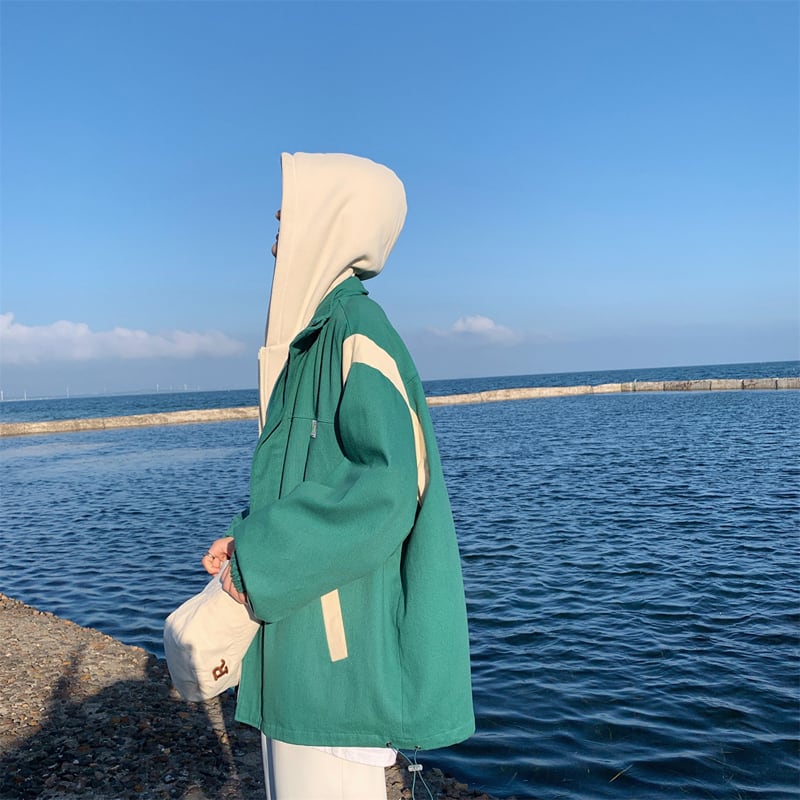 [MANYSTON series]★Jacket★ Outerwear 3color fake layered hooded unisex men's green black beige