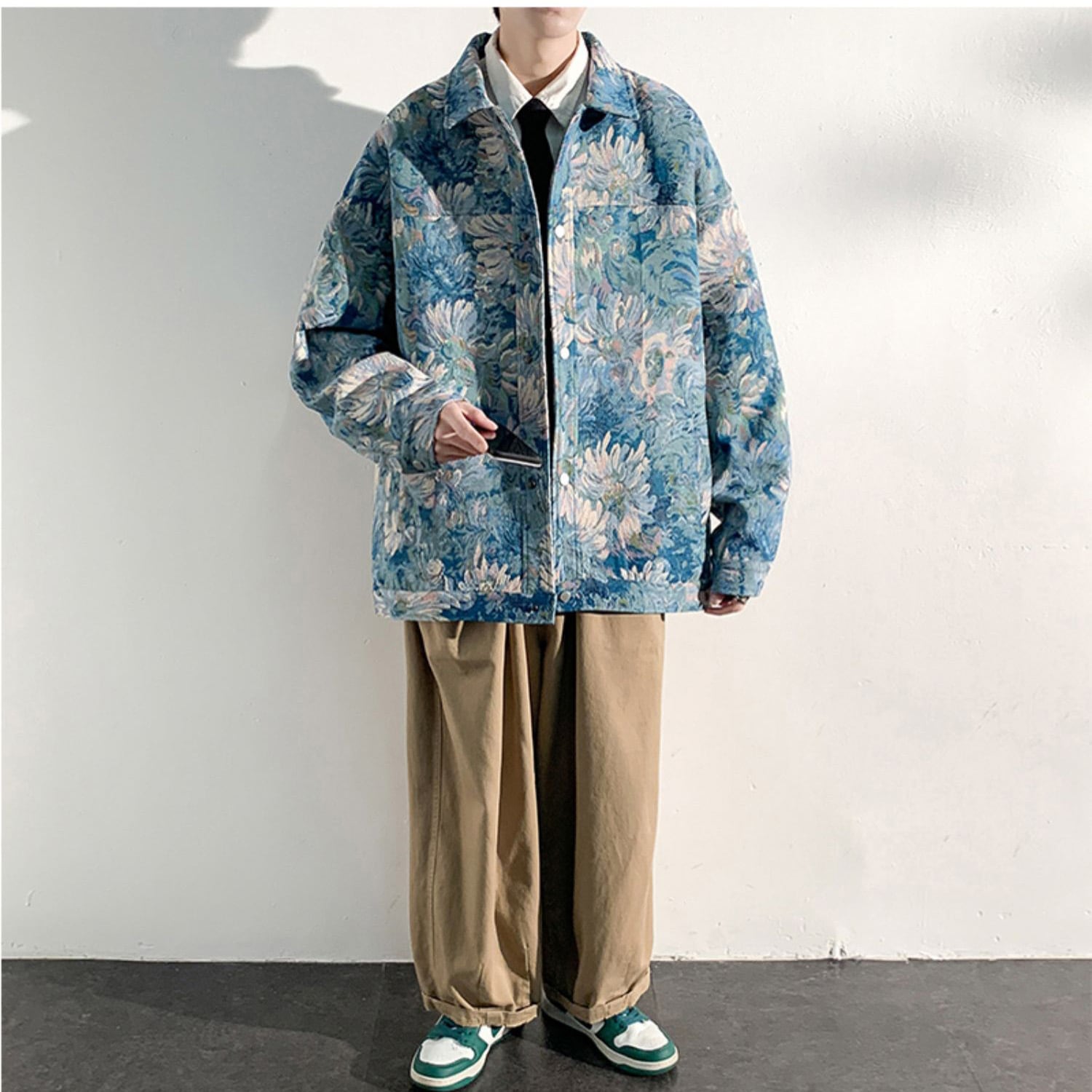 [KADISHOU Series] ★Jacket★ Outerwear 2color Oil Painting Style Floral Pattern Unisex Men's Large Size Blue Green