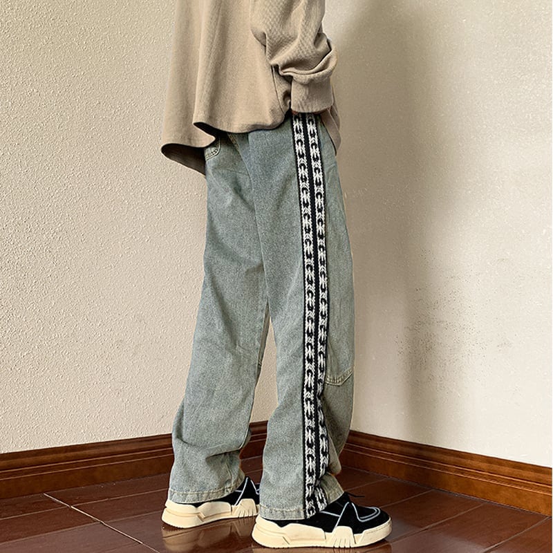 [High Series]★Casual Pants★ 2color Trousers Bottoms Denim Pants Vertical Stripes Plaid Pattern Blue Black