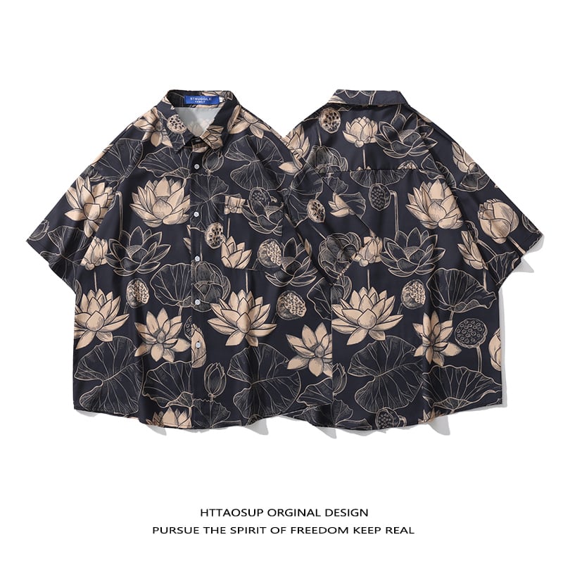 [HTTAOSUP Series]★Shirt★ Floral Shirt Tops Short Sleeve Shirt Unisex Men's Lotus Lotus Print