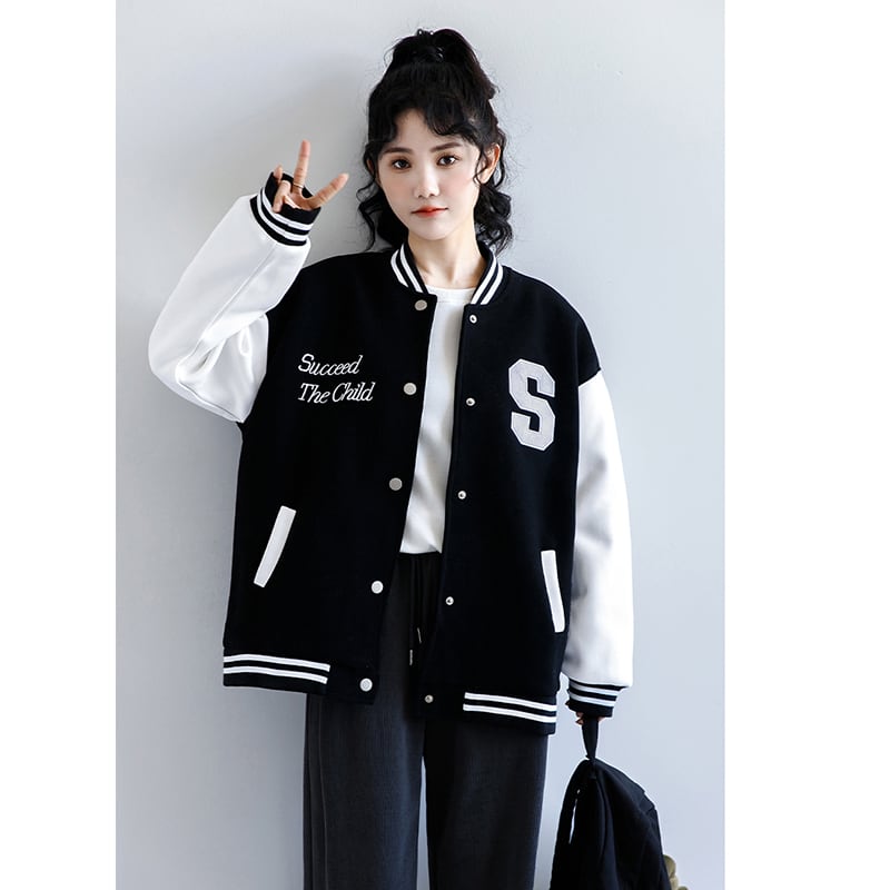 [ZISU0 series] ★Outer★ Stadium jacket fashion ladies black black color scheme alphabet