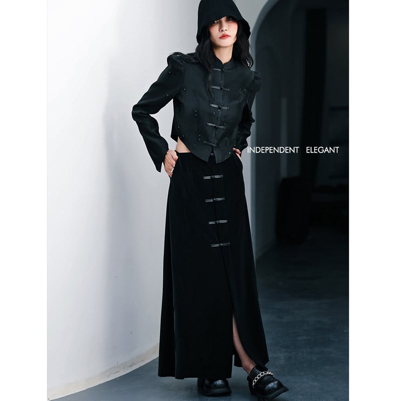 [Big Blue Dragon Series] ★China style skirt★ Bottoms Chinese button slit slimming black black