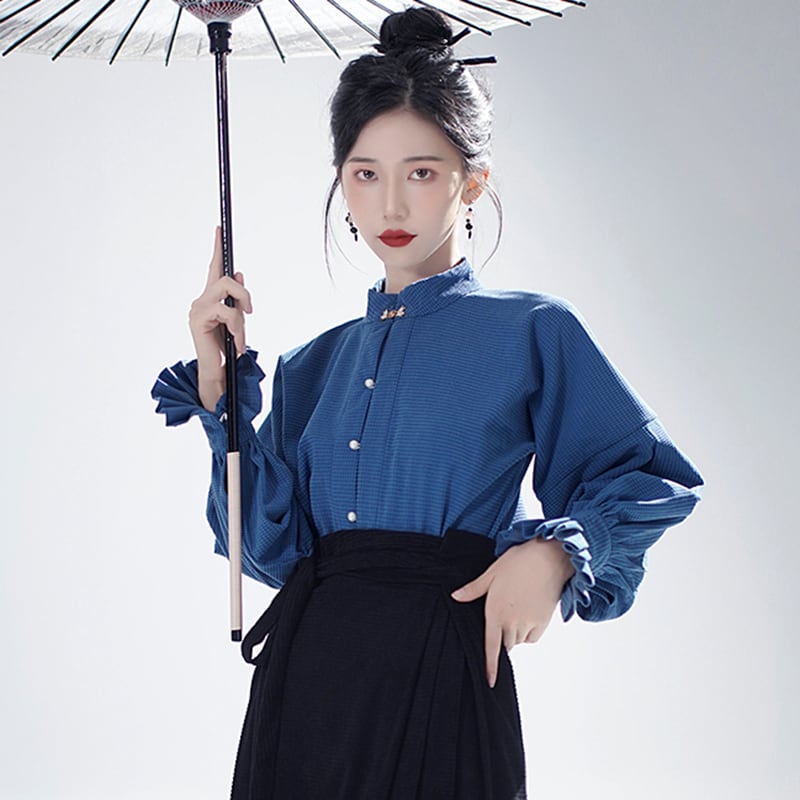 [WUJIA Series]★China style shirt★ Tops Long sleeve shirt Improves temperament Blue Blue Easy to match S M L XL