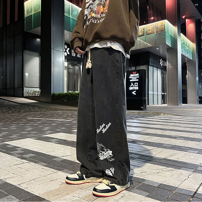 [KADISHOU Series] ★Denim Pants★ 2color Bottoms Pants Unisex Men's Print Unique Large Size