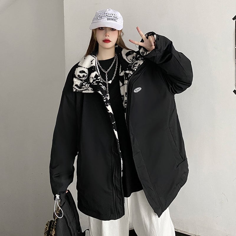 [MGJM Series] Double-sided outer coat, panda, loose, winter clothes, winter coat, black, black, fashion